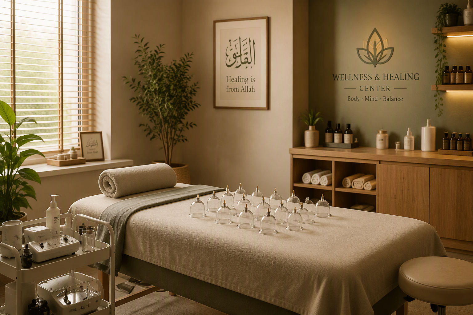 Calm hijama therapy room at Sukoon Healthcare with cupping equipment and soft morning light