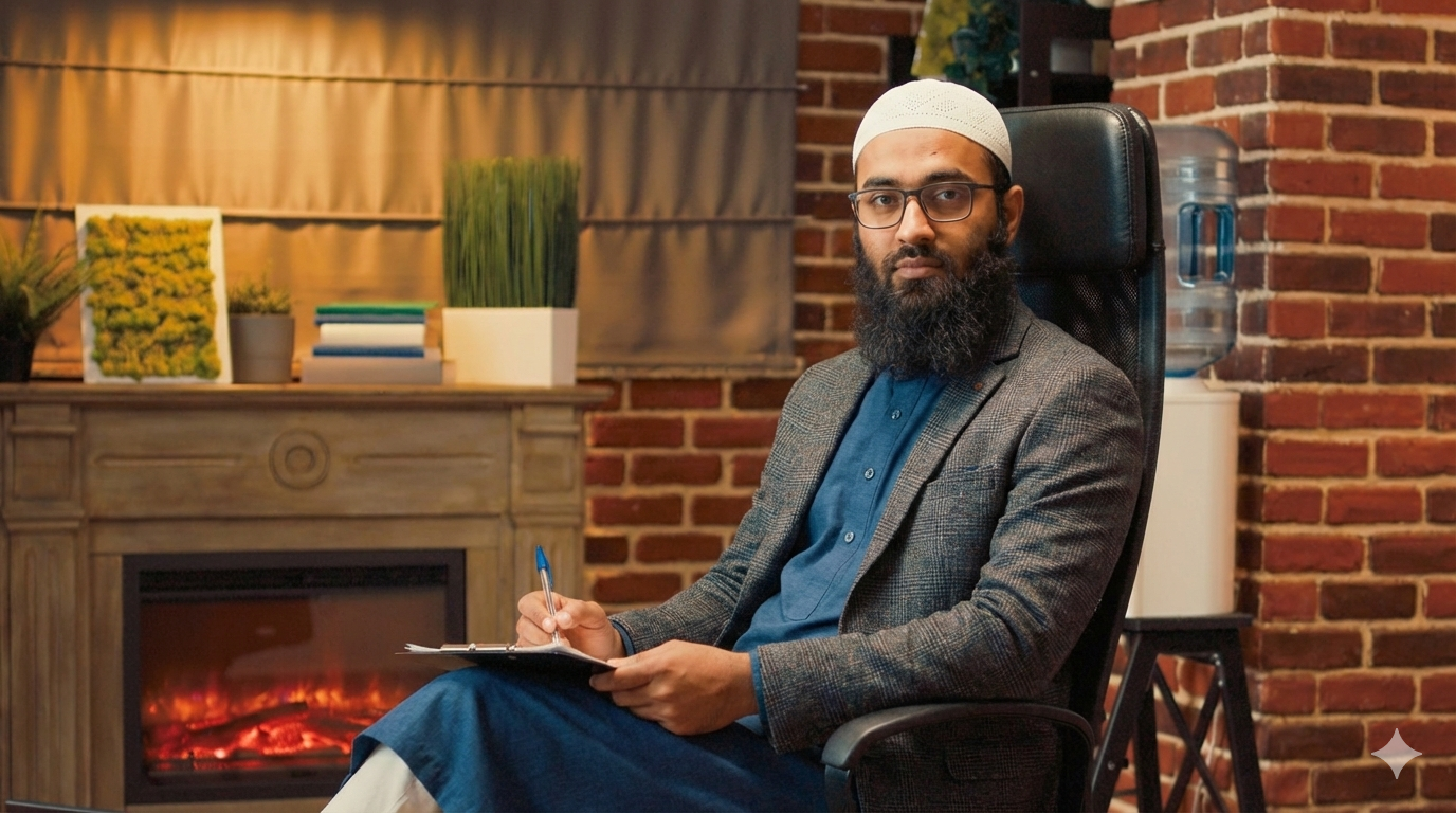 A therapist listening compassionately to a client in a warm counselling room